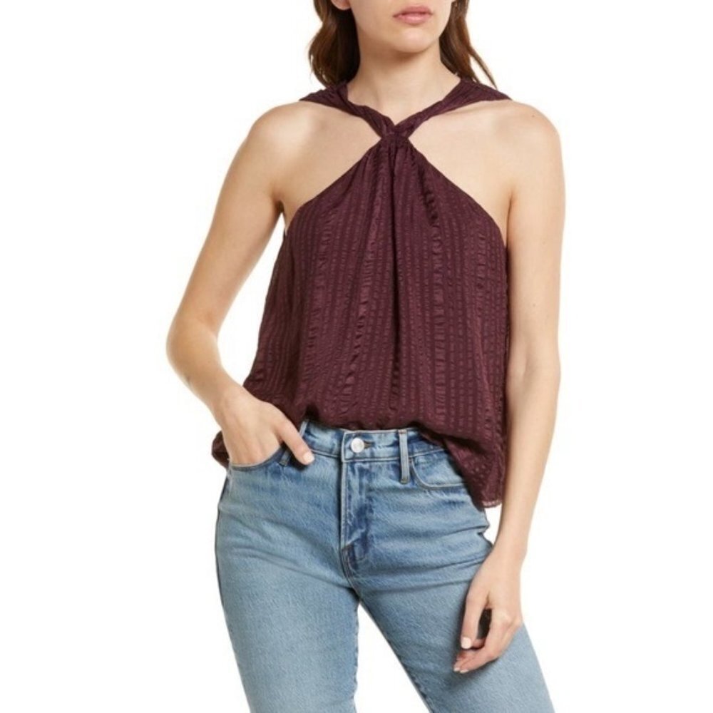 Frame denim draped textured silk halter top in Cabernet